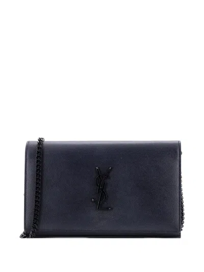 Pre-owned Saint Laurent Classic Monogram Wallet On Chain Leather Crossbody Bag In Blue