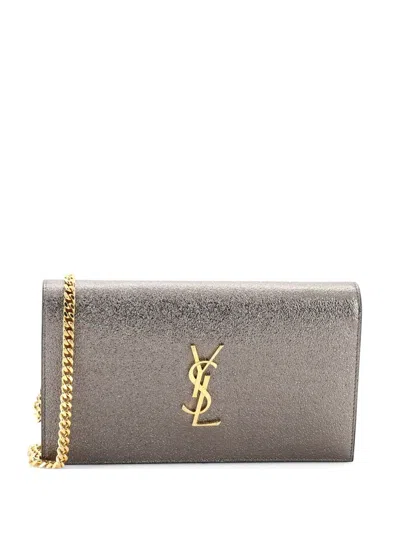 Pre-owned Saint Laurent Classic Monogram Wallet On Chain Leather Crossbody Bag In Silver