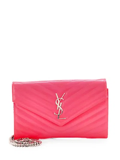 Pre-owned Saint Laurent Classic Monogram Wallet On Chain Matelasse Chevron Grainy Patent Medium Crossbody Bag In Pink