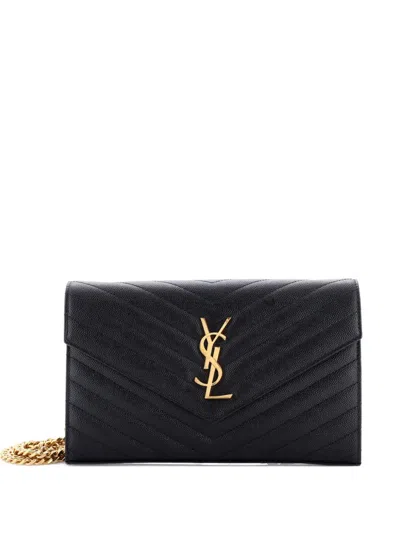 Pre-owned Saint Laurent Classic Monogram Wallet On Chain Matelasse Chevron Leather Medium Crossbody Bag In Black