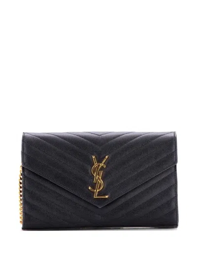 Pre-owned Saint Laurent Classic Monogram Wallet On Chain Matelasse Chevron Leather Medium Crossbody Bag In Black