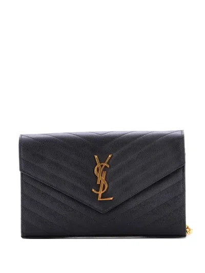 Pre-owned Saint Laurent Classic Monogram Wallet On Chain Matelasse Chevron Leather Medium Crossbody Bag In Black