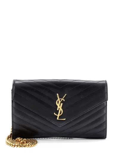 Pre-owned Saint Laurent Classic Monogram Wallet On Chain Matelasse Chevron Leather Medium Crossbody Bag In Black