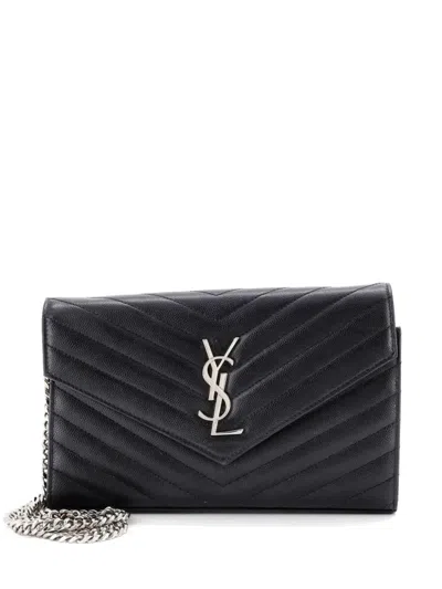 Pre-owned Saint Laurent Classic Monogram Wallet On Chain Matelasse Chevron Leather Medium Crossbody Bag In Black