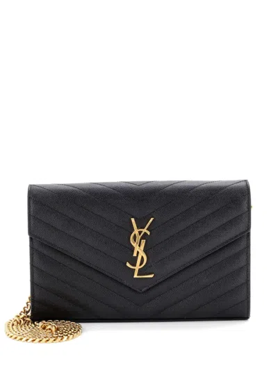 Pre-owned Saint Laurent Classic Monogram Wallet On Chain Matelasse Chevron Leather Medium Crossbody Bag In Black