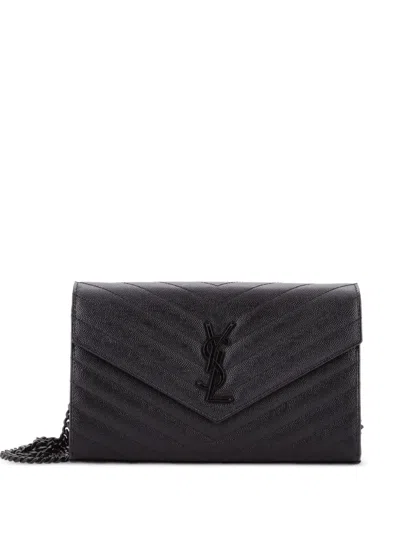 Pre-owned Saint Laurent Classic Monogram Wallet On Chain Matelasse Chevron Leather Medium Crossbody Bag In Black