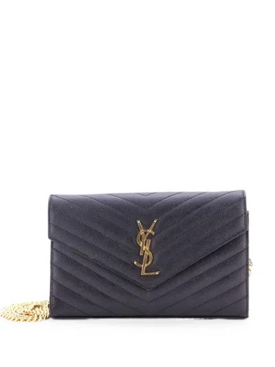 Pre-owned Saint Laurent Classic Monogram Wallet On Chain Matelasse Chevron Leather Medium Crossbody Bag In Black