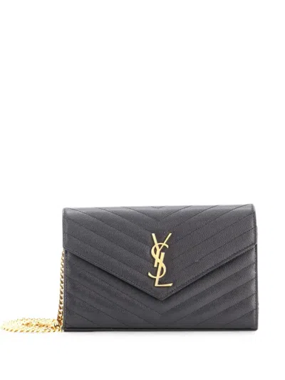 Pre-owned Saint Laurent Classic Monogram Wallet On Chain Matelasse Chevron Leather Medium Crossbody Bag In Black