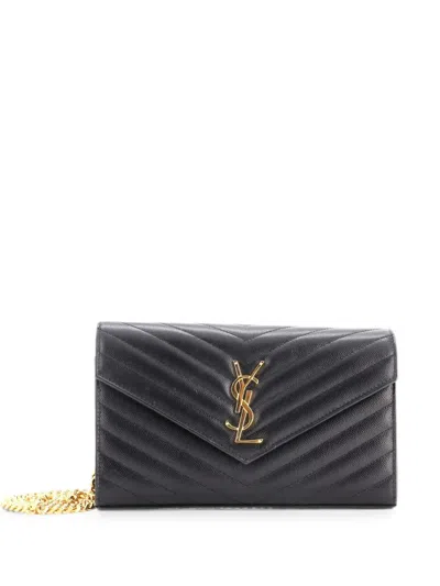 Pre-owned Saint Laurent Classic Monogram Wallet On Chain Matelasse Chevron Leather Medium Crossbody Bag In Black