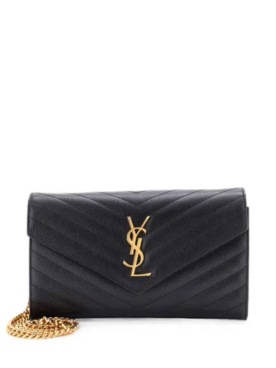 Pre-owned Saint Laurent Classic Monogram Wallet On Chain Matelasse Chevron Leather Medium Crossbody Bag In Black