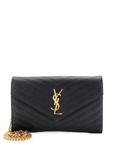 Pre-owned Saint Laurent Classic Monogram Wallet On Chain Matelasse Chevron Leather Medium Crossbody Bag In Black
