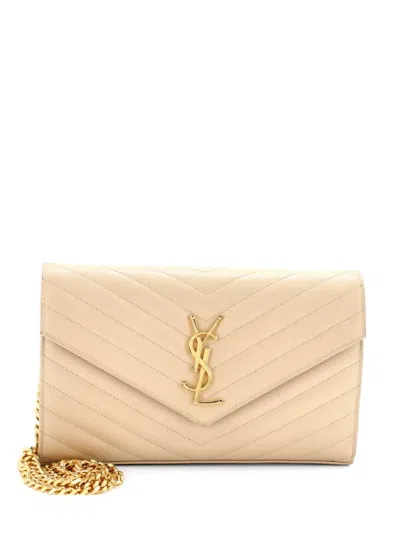 Pre-owned Saint Laurent Classic Monogram Wallet On Chain Matelasse Chevron Leather Medium Crossbody Bag In Neutral