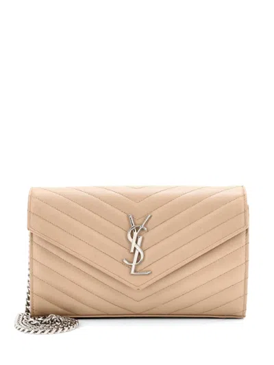 Pre-owned Saint Laurent Classic Monogram Wallet On Chain Matelasse Chevron Leather Medium Crossbody Bag In Neutral