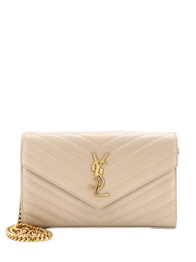 Pre-owned Saint Laurent Classic Monogram Wallet On Chain Matelasse Chevron Leather Medium Crossbody Bag In Neutrals
