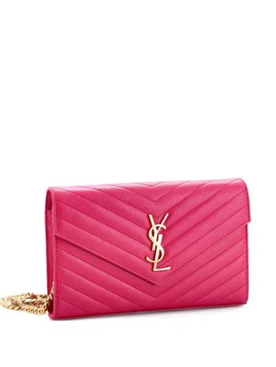 Pre-owned Saint Laurent Classic Monogram Wallet On Chain Matelasse Chevron Leather Medium Crossbody Bag In Pink