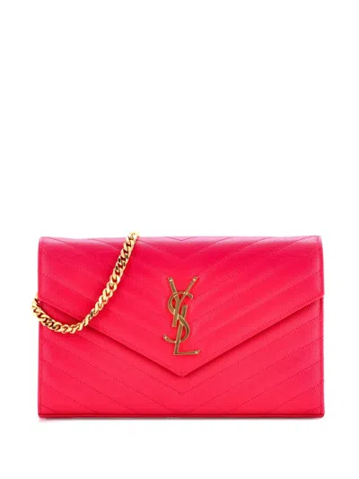 Pre-owned Saint Laurent Classic Monogram Wallet On Chain Matelasse Chevron Leather Medium Crossbody Bag In Pink