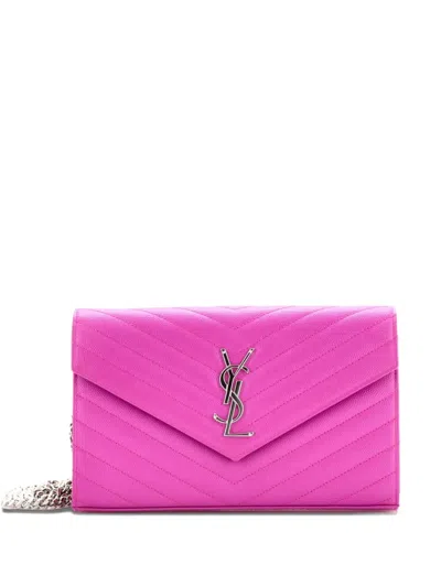 Pre-owned Saint Laurent Classic Monogram Wallet On Chain Matelasse Chevron Leather Medium Crossbody Bag In Purple