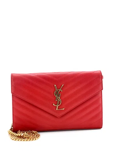 Pre-owned Saint Laurent Classic Monogram Wallet On Chain Matelasse Chevron Leather Medium Crossbody Bag In Red