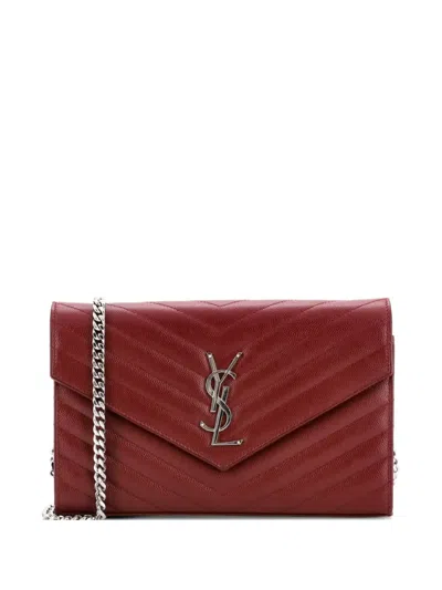 Pre-owned Saint Laurent Classic Monogram Wallet On Chain Matelasse Chevron Leather Medium Crossbody Bag In Red