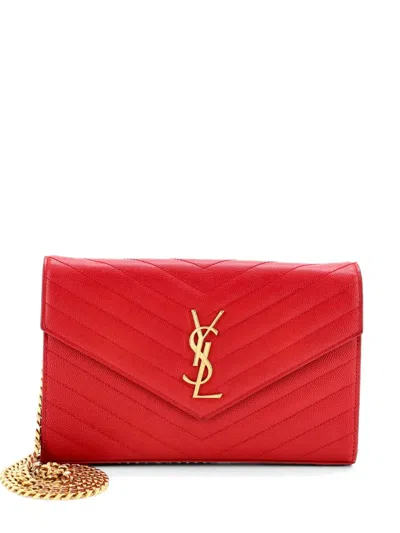 Pre-owned Saint Laurent Classic Monogram Wallet On Chain Matelasse Chevron Leather Medium Crossbody Bag In Red