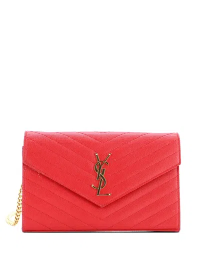 Pre-owned Saint Laurent Classic Monogram Wallet On Chain Matelasse Chevron Leather Medium Crossbody Bag In Red