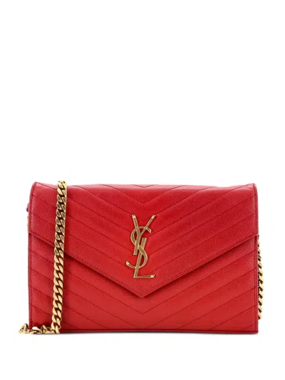 Pre-owned Saint Laurent Classic Monogram Wallet On Chain Matelasse Chevron Leather Medium Crossbody Bag In Red