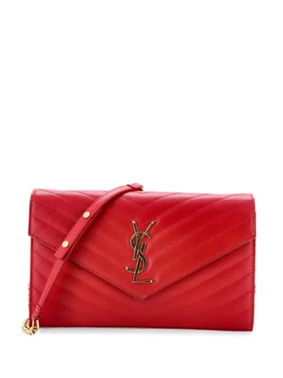 Pre-owned Saint Laurent Classic Monogram Wallet On Chain Matelasse Chevron Leather Medium Crossbody Bag In Red