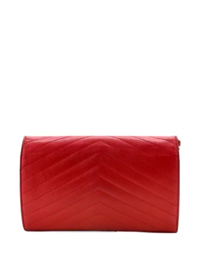 Pre-owned Saint Laurent Classic Monogram Wallet On Chain Matelasse Chevron Leather Medium Crossbody Bag In Red