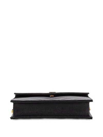 Pre-owned Saint Laurent Classic Monogram Wallet On Chain Matelasse Chevron Leather Small Crossbody Bag In Black