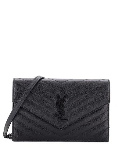 Pre-owned Saint Laurent Classic Monogram Wallet On Chain Matelasse Chevron Leather Small Crossbody Bag In Black