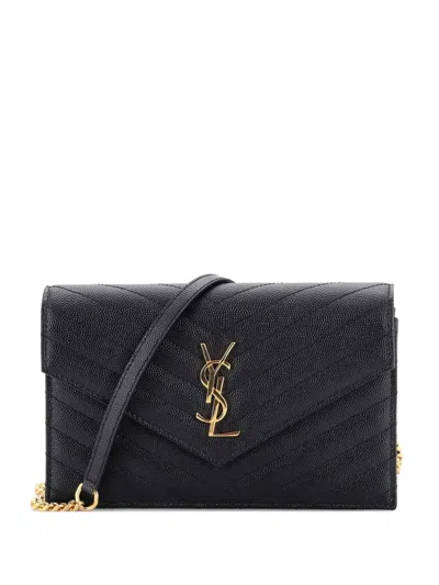 Pre-owned Saint Laurent Classic Monogram Wallet On Chain Matelasse Chevron Leather Small Crossbody Bag In Black
