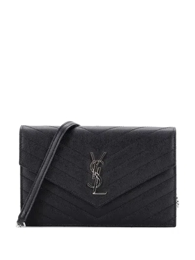 Pre-owned Saint Laurent Classic Monogram Wallet On Chain Matelasse Chevron Leather Small Crossbody Bag In Black