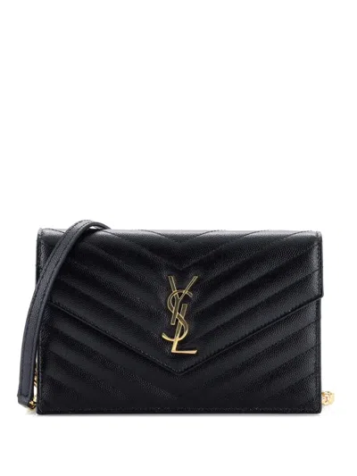 Pre-owned Saint Laurent Classic Monogram Wallet On Chain Matelasse Chevron Leather Small Crossbody Bag In Black