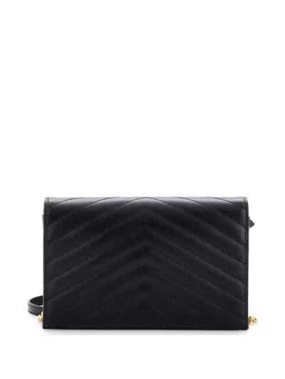 Pre-owned Saint Laurent Classic Monogram Wallet On Chain Matelasse Chevron Leather Small Crossbody Bag In Black