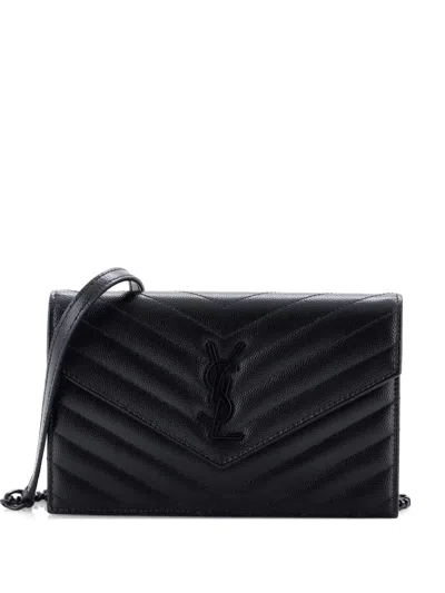 Pre-owned Saint Laurent Classic Monogram Wallet On Chain Matelasse Chevron Leather Small Crossbody Bag In Black