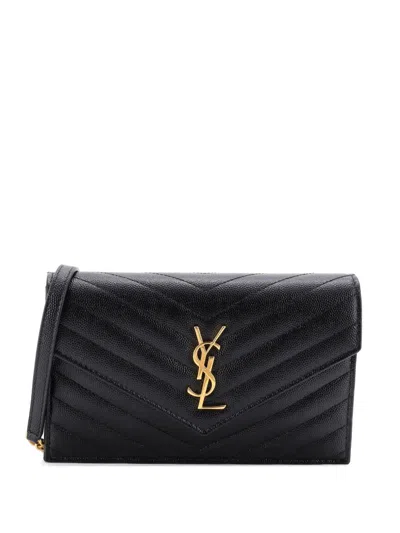 Pre-owned Saint Laurent Classic Monogram Wallet On Chain Matelasse Chevron Leather Small Crossbody Bag In Black