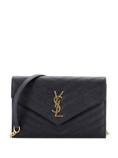 Pre-owned Saint Laurent Classic Monogram Wallet On Chain Matelasse Chevron Leather Small Crossbody Bag In Black