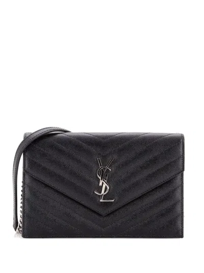 Pre-owned Saint Laurent Classic Monogram Wallet On Chain Matelasse Chevron Leather Small Crossbody Bag In Black
