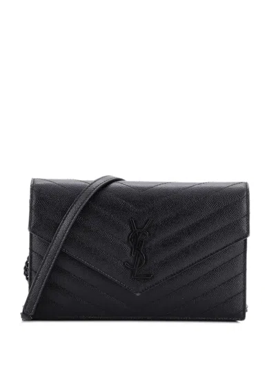 Pre-owned Saint Laurent Classic Monogram Wallet On Chain Matelasse Chevron Leather Small Crossbody Bag In Black