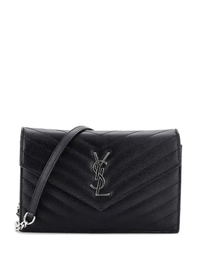 Pre-owned Saint Laurent Classic Monogram Wallet On Chain Matelasse Chevron Leather Small Crossbody Bag In Black
