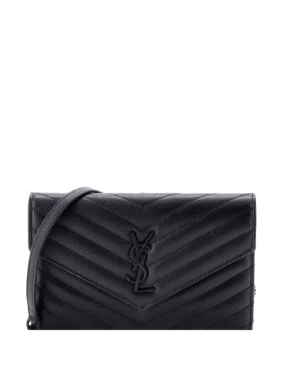 Pre-owned Saint Laurent Classic Monogram Wallet On Chain Matelasse Chevron Leather Small Crossbody Bag In Black