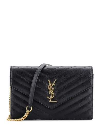 Pre-owned Saint Laurent Classic Monogram Wallet On Chain Matelasse Chevron Leather Small Crossbody Bag In Black