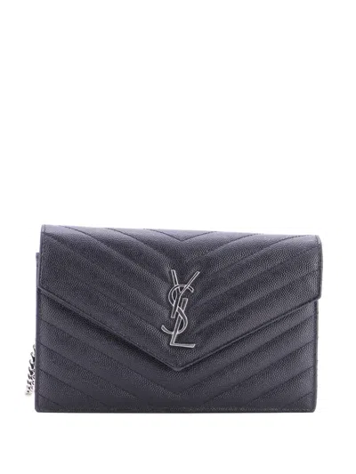 Pre-owned Saint Laurent Classic Monogram Wallet On Chain Matelasse Chevron Leather Small Crossbody Bag In Black