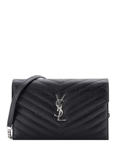 Pre-owned Saint Laurent Classic Monogram Wallet On Chain Matelasse Chevron Leather Small Crossbody Bag In Black