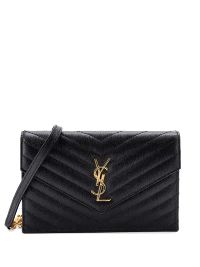 Pre-owned Saint Laurent Classic Monogram Wallet On Chain Matelasse Chevron Leather Small Crossbody Bag In Black