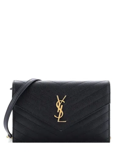 Pre-owned Saint Laurent Classic Monogram Wallet On Chain Matelasse Chevron Leather Small Crossbody Bag In Black