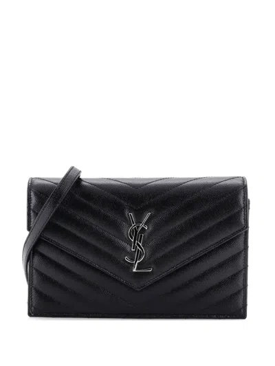 Pre-owned Saint Laurent Classic Monogram Wallet On Chain Matelasse Chevron Leather Small Crossbody Bag In Black