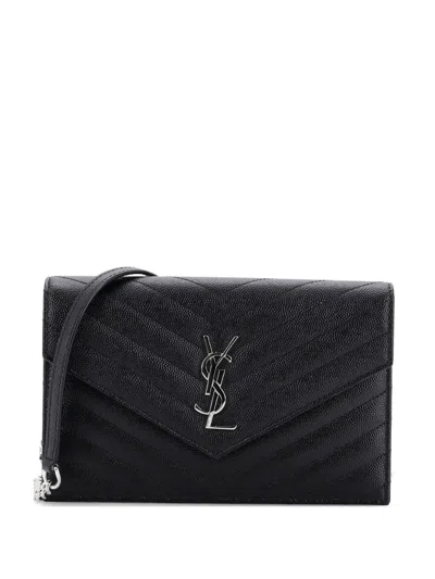 Pre-owned Saint Laurent Classic Monogram Wallet On Chain Matelasse Chevron Leather Small Crossbody Bag In Black