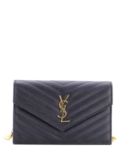 Pre-owned Saint Laurent Classic Monogram Wallet On Chain Matelasse Chevron Leather Small Crossbody Bag In Black