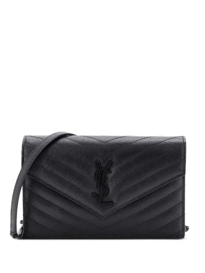 Pre-owned Saint Laurent Classic Monogram Wallet On Chain Matelasse Chevron Leather Small Crossbody Bag In Black